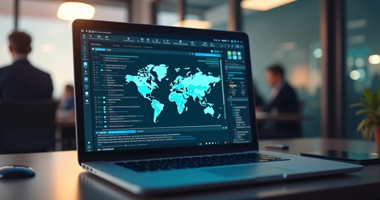 Chatbot assistant interface on a laptop screen with office background